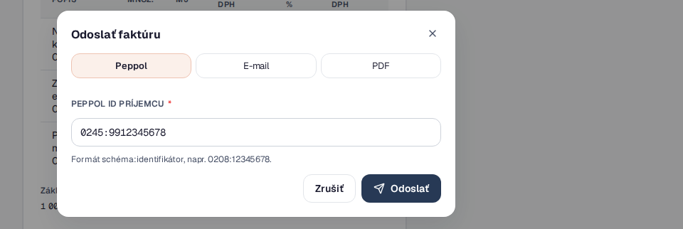 Dialóg Odoslať faktúru v Easy Faktúre: kanály Peppol, E-mail a PDF, zvolený Peppol, predvyplnené Peppol ID príjemcu 0245:9912345678 a tlačidlo Odoslať
