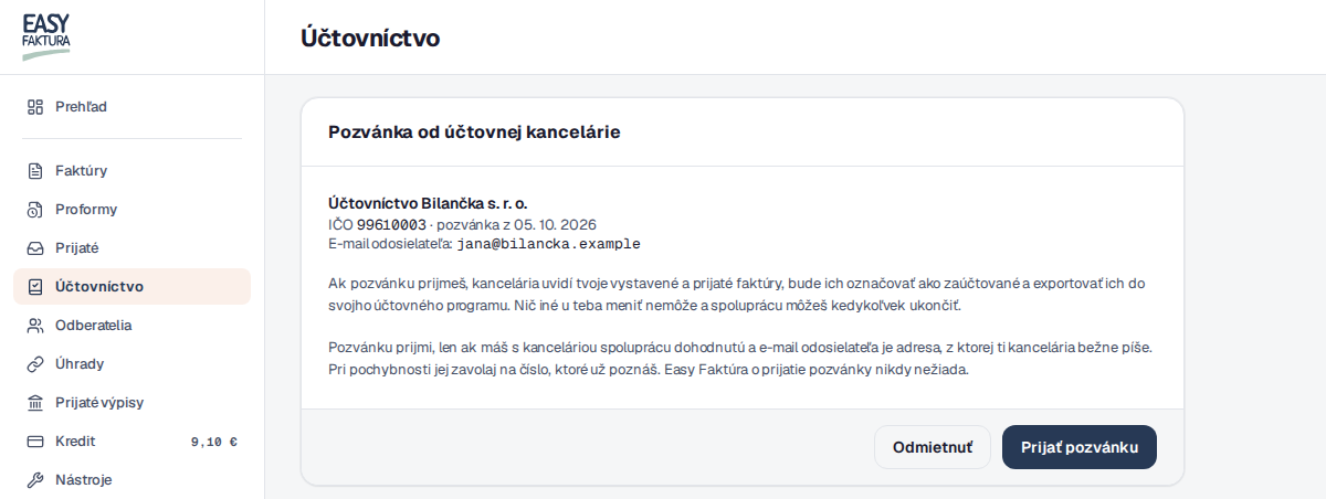 Účet klienta, menu Účtovníctvo: karta Pozvánka od účtovnej kancelárie s názvom, IČO a e-mailom odosielateľa a tlačidlami Odmietnuť a Prijať pozvánku