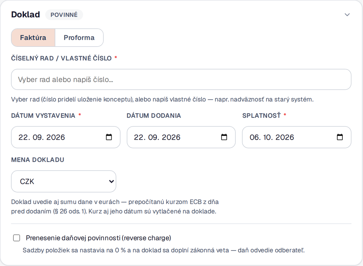 Editor faktúry s poľom Mena dokladu nastaveným na CZK na doklade so slovenskou DPH