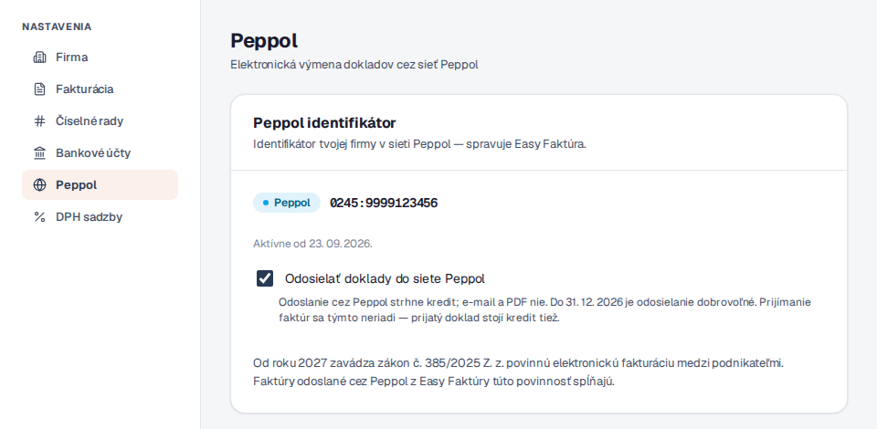 Nastavenia → Peppol po zápise: Peppol identifikátor 0245:9999123456, Aktívne od 23. 09. 2026 a zaškrtávacie políčko Odosielať doklady do siete Peppol