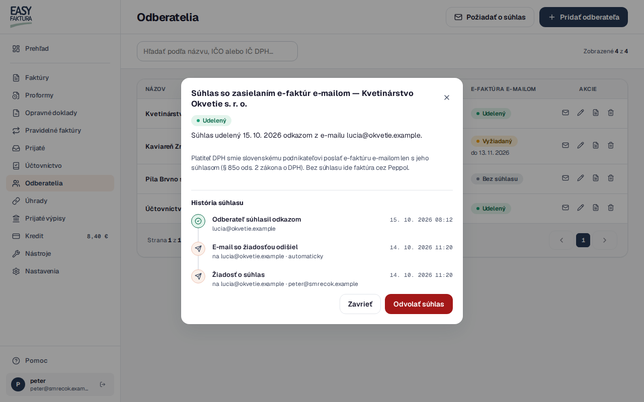 Dialóg Súhlas so zasielaním e-faktúr e-mailom pre odberateľa so stavom Udelený: dátum a e-mail, z ktorého súhlas prišiel, história žiadosti, pripomienky a potvrdenia, tlačidlá Zavrieť a Odvolať súhlas